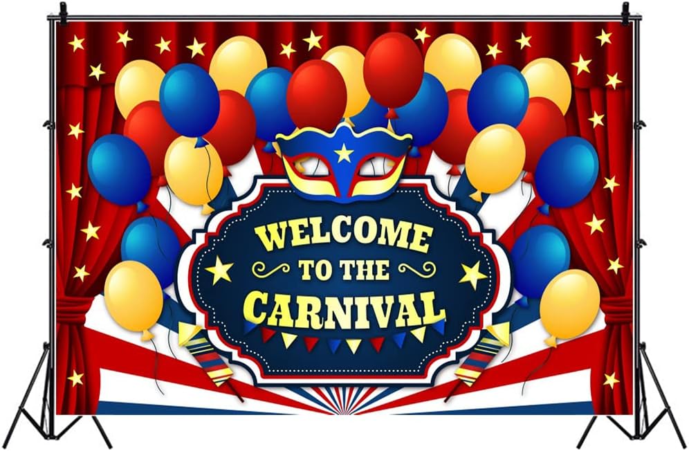 Yeele Telón de fondo de fiesta de carnaval de 10 x 6.5 pies para fotografía, globos azules y amarillos, cortina roja, telón de fondo para fiesta,