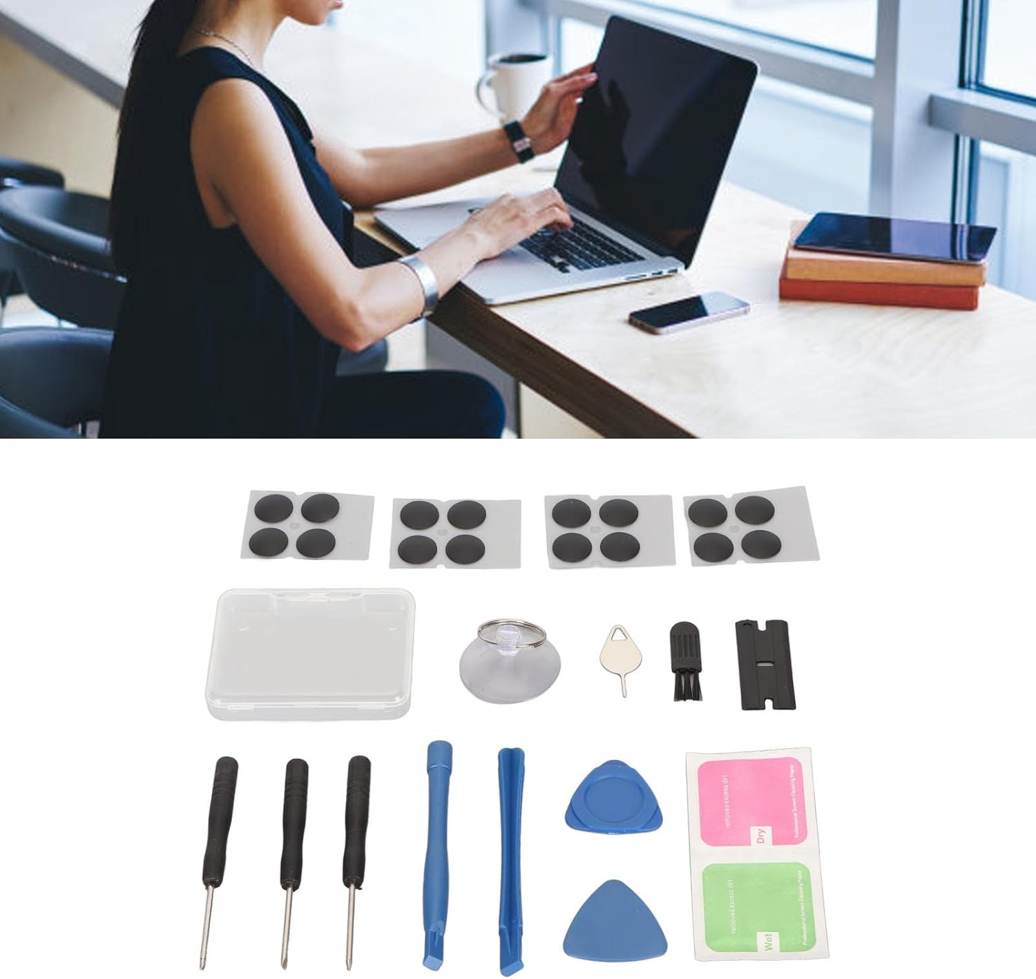 Diyeeni 16Pcs Laptop Feet, Non Slip Replacement Bottom Case Feet, with Professional Repair Tool Kit, Bottom Base Feet Foot Pad Compatible for