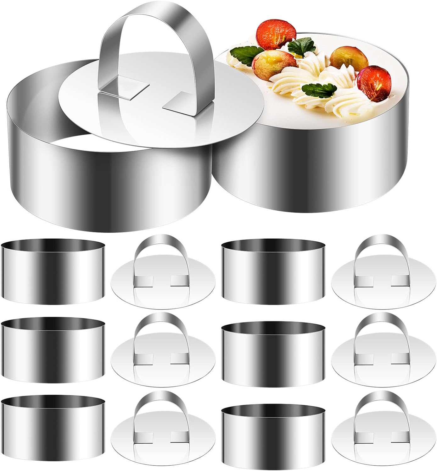Moldes de anillo para hornear moldes redondos de acero inoxidable para mousse de postre de 3 pulgadas con empujador elevador de atún tartar, 8