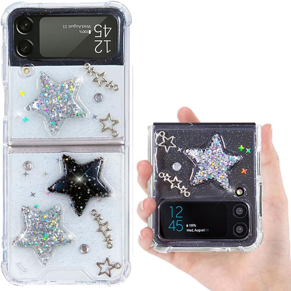 Funda para Samsung Galaxy Z Flip 4 con diseño de estrellas con purpurina, bonita funda transparente con diseño de estrellas 3D brillantes y