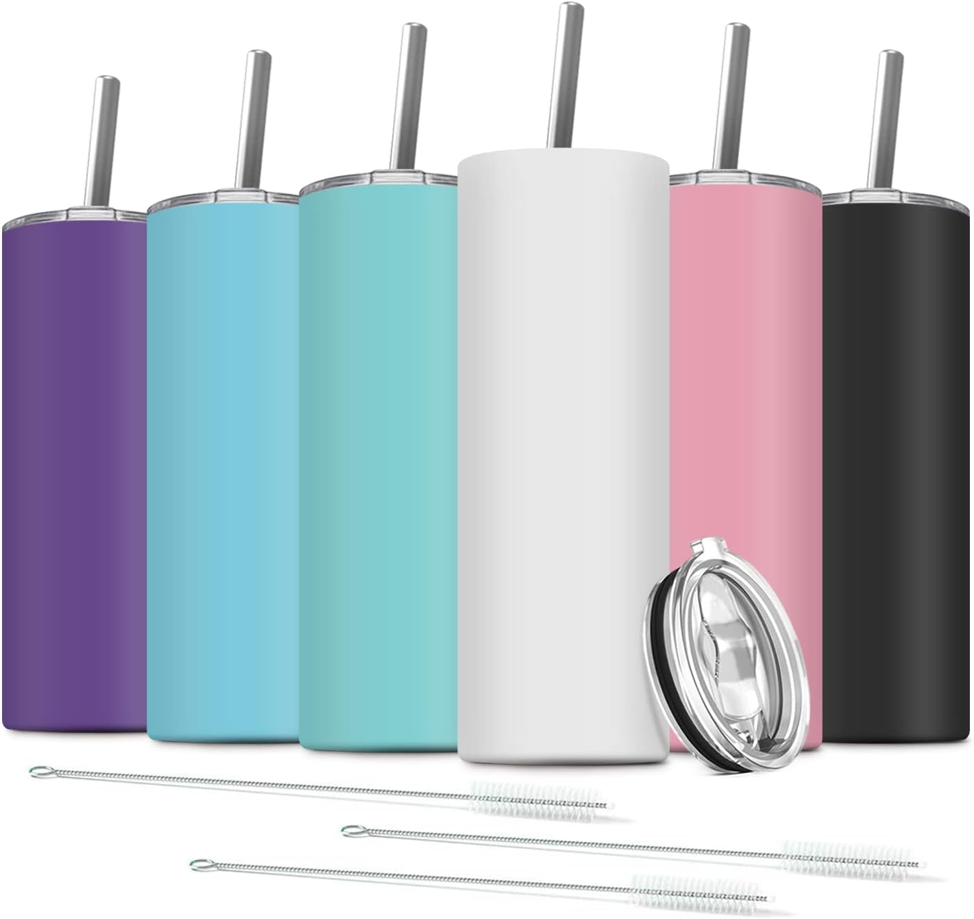 Deitybless Paquete de 6 vasos delgados de acero inoxidable, vaso de agua de doble aislamiento de 20 onzas con 6 popotes y 3 cepillos, taza de viaje