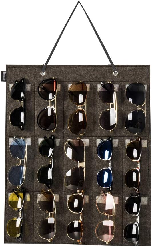 Organizador de lentes de sol para colgar en la pared, organizador de lentes de sol, 15 ranuras, organizador de almacenamiento para gafas (gris