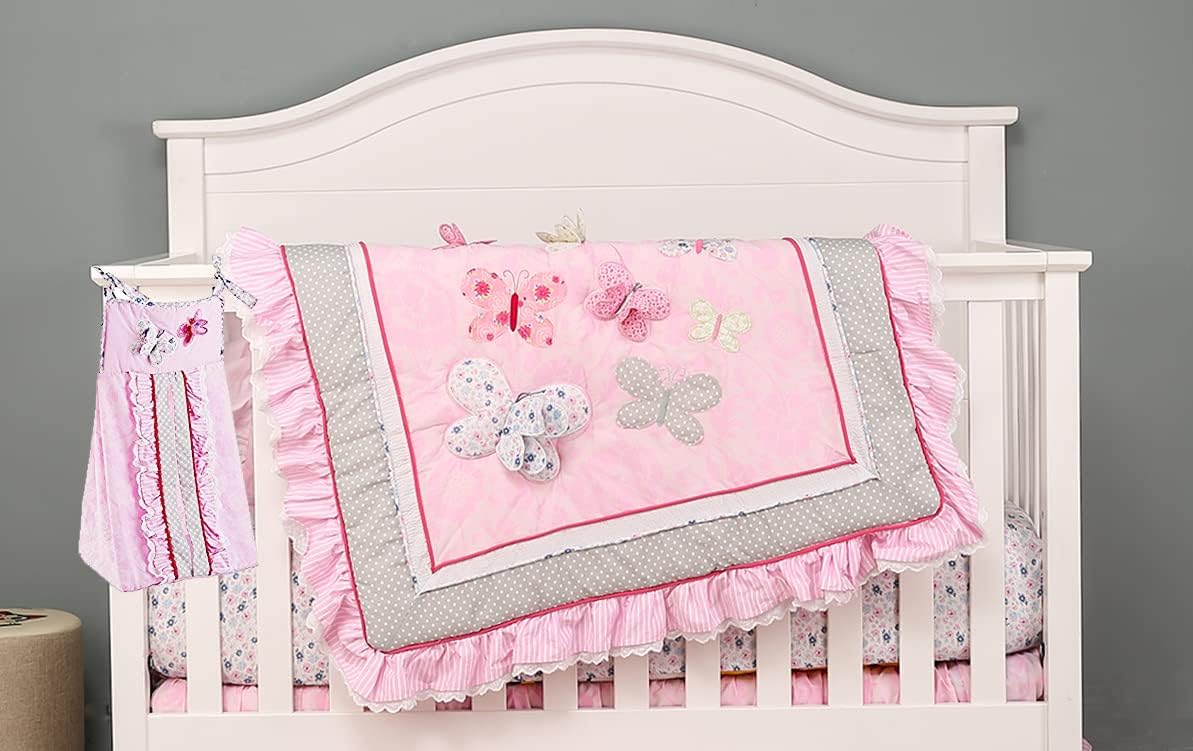 Juego de ropa de cama de 3 piezas con bordado rosa Buterfly para cuna de bebé, color rosa intenso, hermoso juego de ropa de cama para cuna de