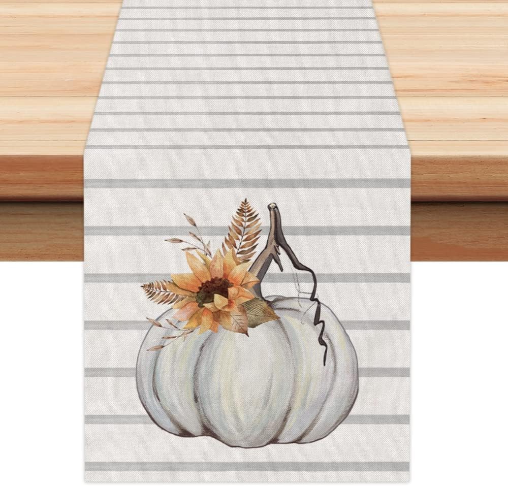 ARKENY Camino de mesa de calabaza de Acción de Gracias de 13 x 48 pulgadas, arpillera a rayas de temporada, decoración de otoño para fiesta en el