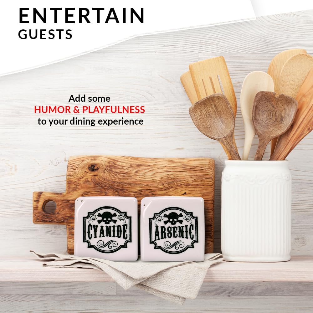 Juego de saleros y pimenteros de cerámica, juego de coctelero de especias con etiquetas de arsénico y cianuro de estilo gótico boticario, bonitos