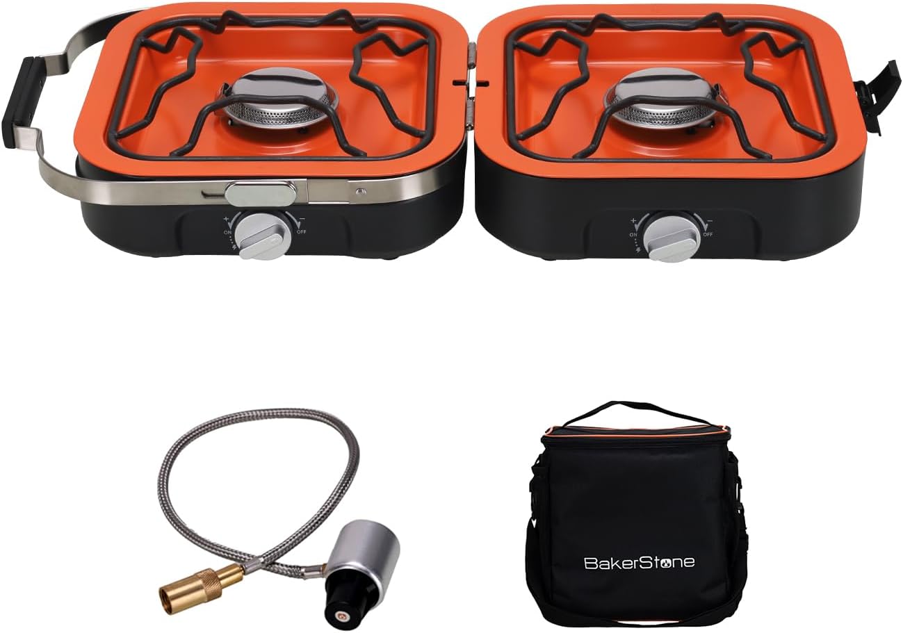 BakerStone Estufa de campamento de propano 2 quemadores ajustables con 20,000 BTU, estufa de campamento plegable portátil para exteriores, estufa de