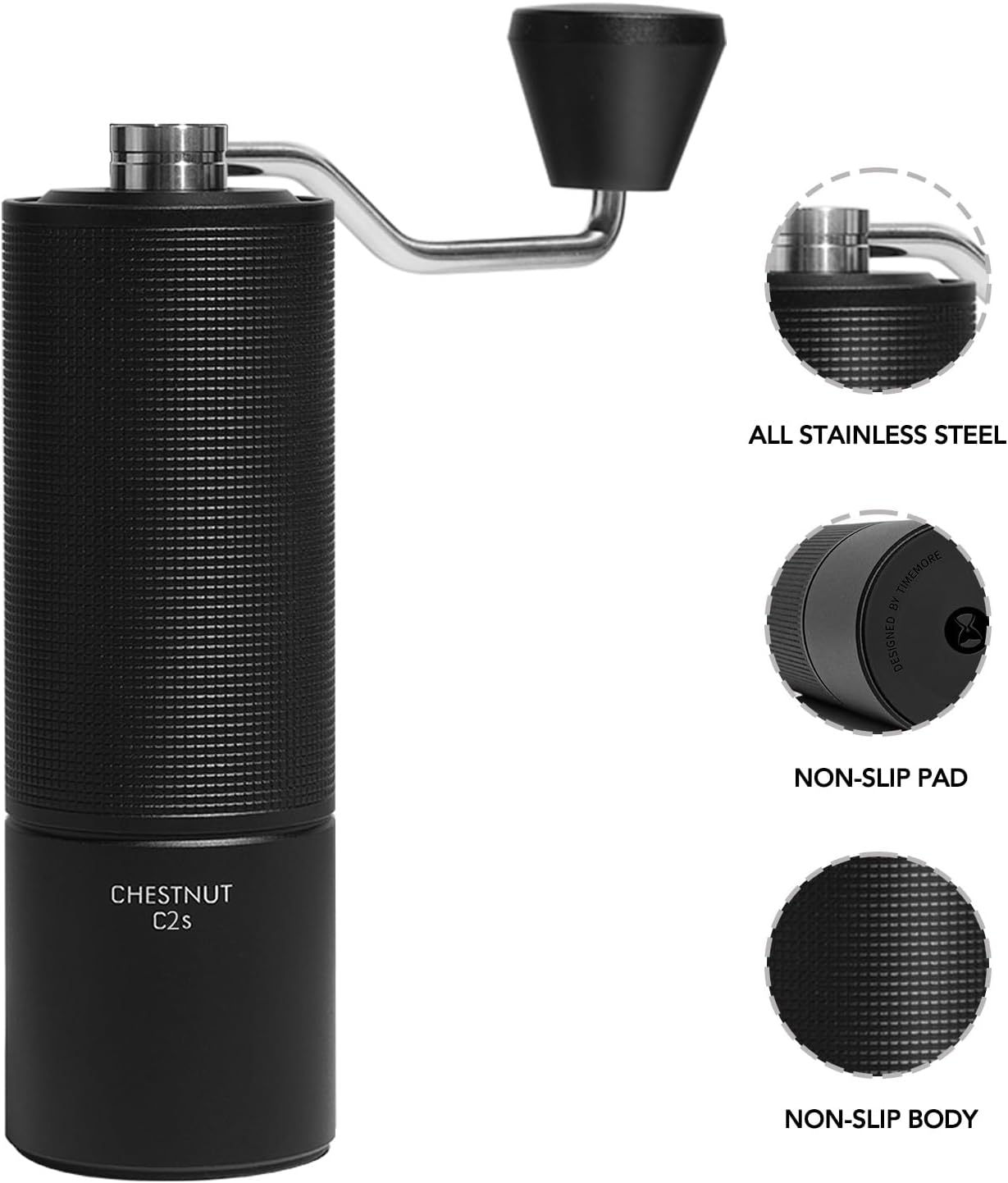 TIMEMORE Molinillo de café manual de acero inoxidable, molinillo de mano cónico para rebabas, castaño, C2S, capacidad de ajuste ajustable interna,