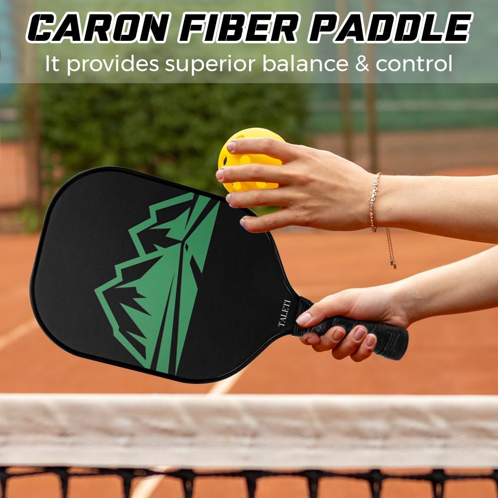 Taleti – Juego de 2 raquetas de pickleball de fibra de carbono, ligeras con 1 bolsa de transporte, 6 bolas de pickleball
