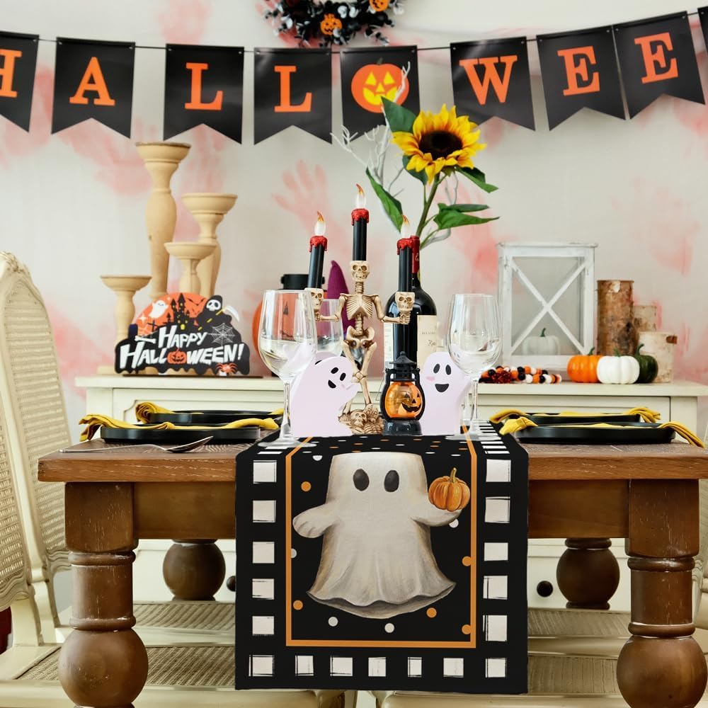 ARKENY Camino de mesa de Halloween de 13 x 60 pulgadas, calabaza, fantasma, arpillera estacional, lunares, granja, interior, cocina, comedor,