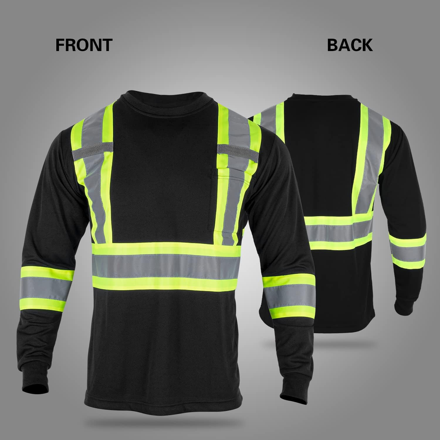 BLKNIGHTS Camisa de seguridad reflectante de alta visibilidad para hombres ANSI Clase 2 Trabajo de construcción Camisa negra de manga larga