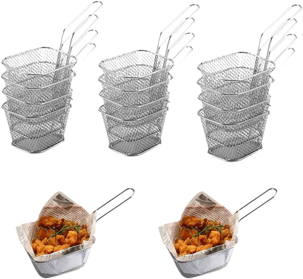 Cesta para papas fritas, mini cesta cuadrada para papas fritas para servir, cesta de acero inoxidable para freír con asa, cocina, restaurante