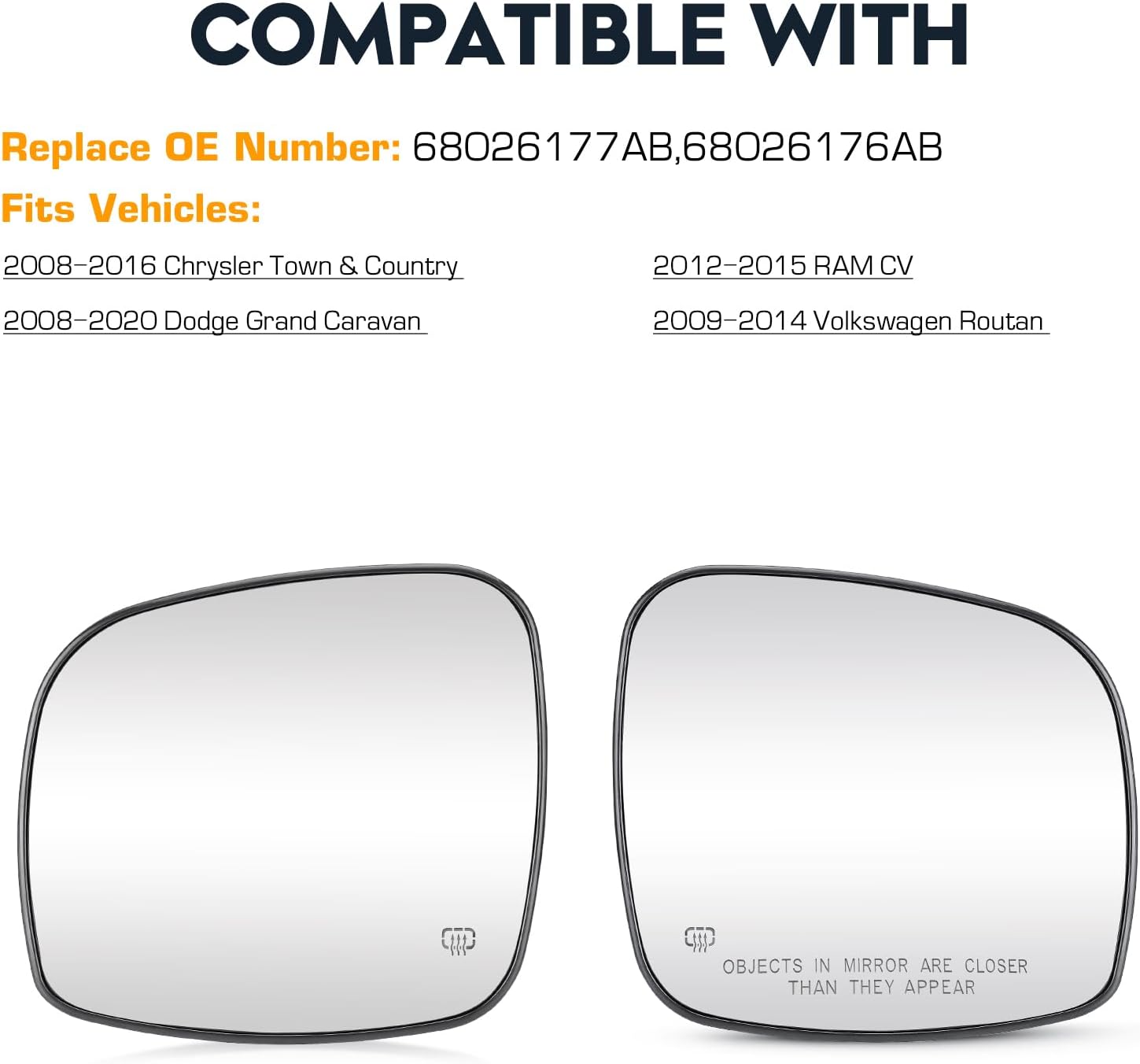 Espejo izquierdo y derecho con calefacción para Dodge Grand Caravan 2008-2020, para Chrysler Town & Country 2008-2016, para RAM CV 2012-2015, para