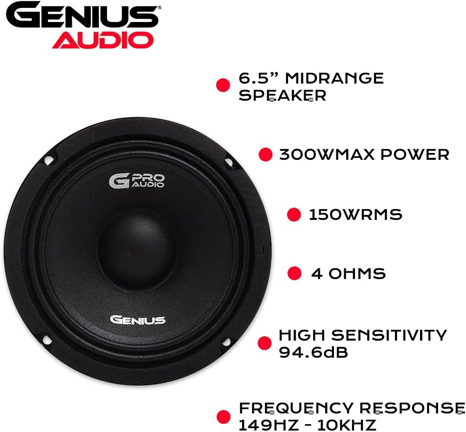 Genius GPRO-M1065 6.5″ 300 vatios-Max Rango Medio Serie Maratón Altavoz de audio para automóvil 4-Ohms