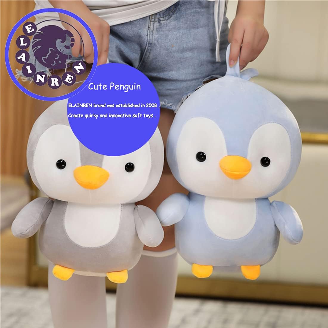 ELAINREN Cuddly – Pingüino de peluche de pingüino gris, lindo pingüino azul alegre, regalos para Navidad y Halloween, 13.8 pulgadas (solo para