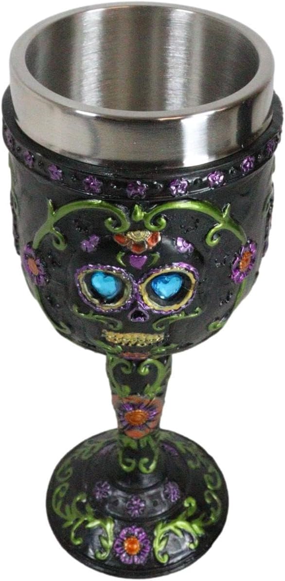 Ebros Día de los Muertos Osario Boda Calavera de Azúcar Negro Copa de Vino 7oz Cáliz Como Cocina Decorativo Fiesta de Halloween Centro de mesa