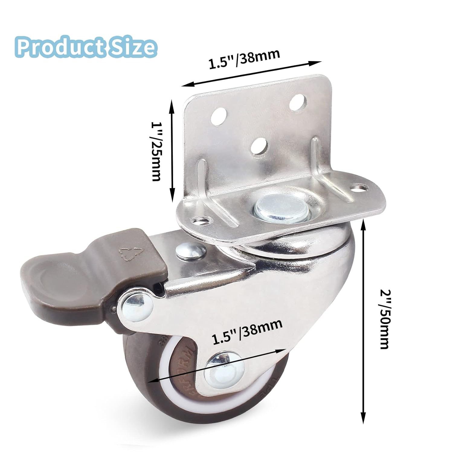Luomorgo 4 ruedas giratorias en forma de L de 1.5 pulgadas con freno, ruedas silenciosas de goma TPE, repuesto de carcasa de metal para muebles,