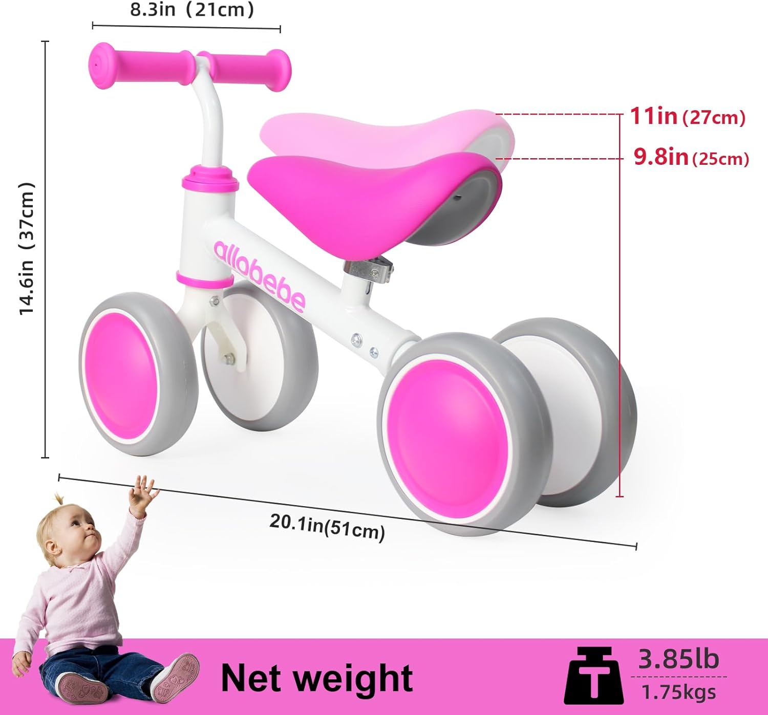 allobebe Baby Balance Bike, Linda bicicleta para niños de 12 a 36 meses regalos para niña de 1 año de edad bicicleta para entrenar al bebé de