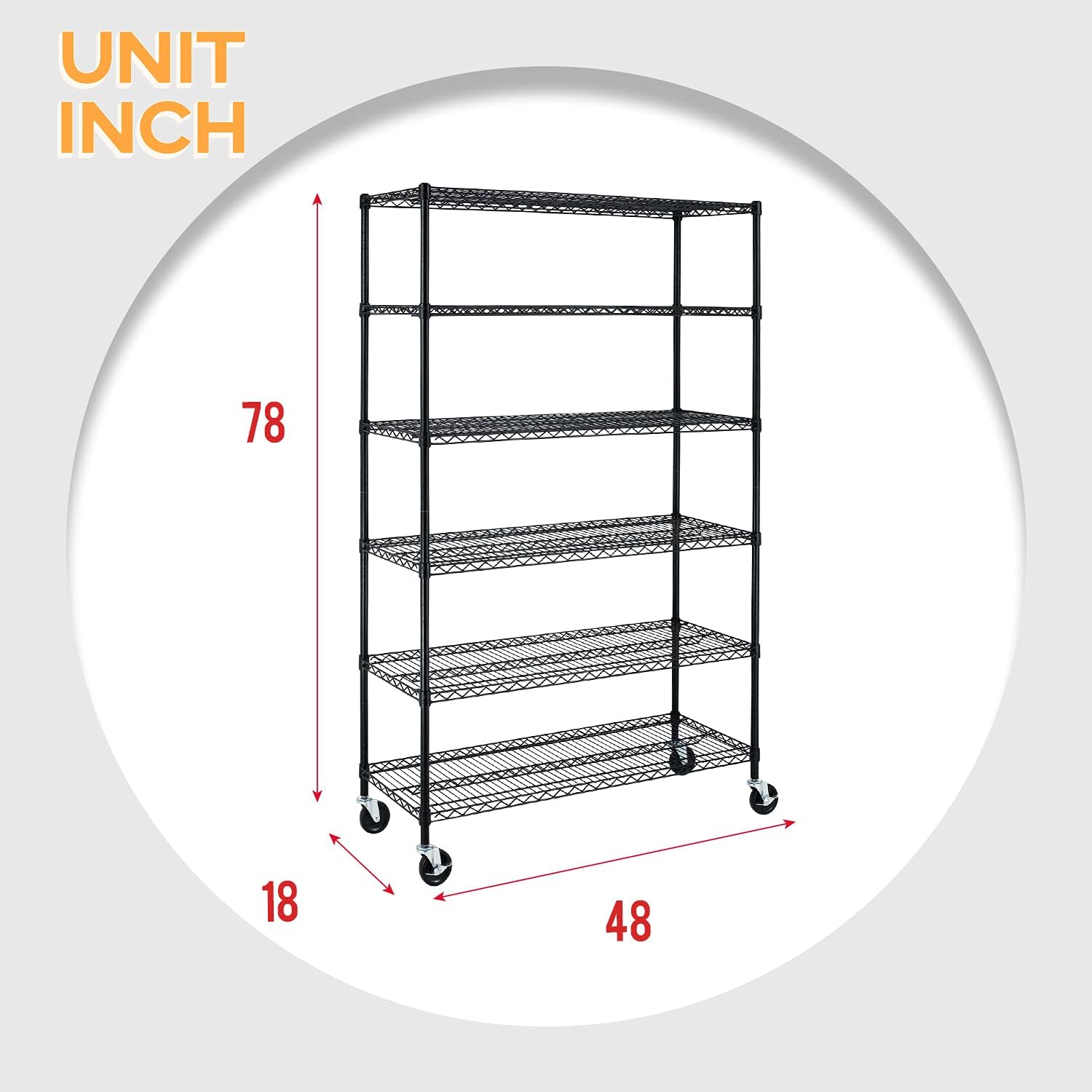 FDW – Estantería metálica  6 estantes de alambre de acero resistente ajustables, con ruedas, 48 pulgadas (L) x 18 pulgadas (An) x 76 pulgadas (A)