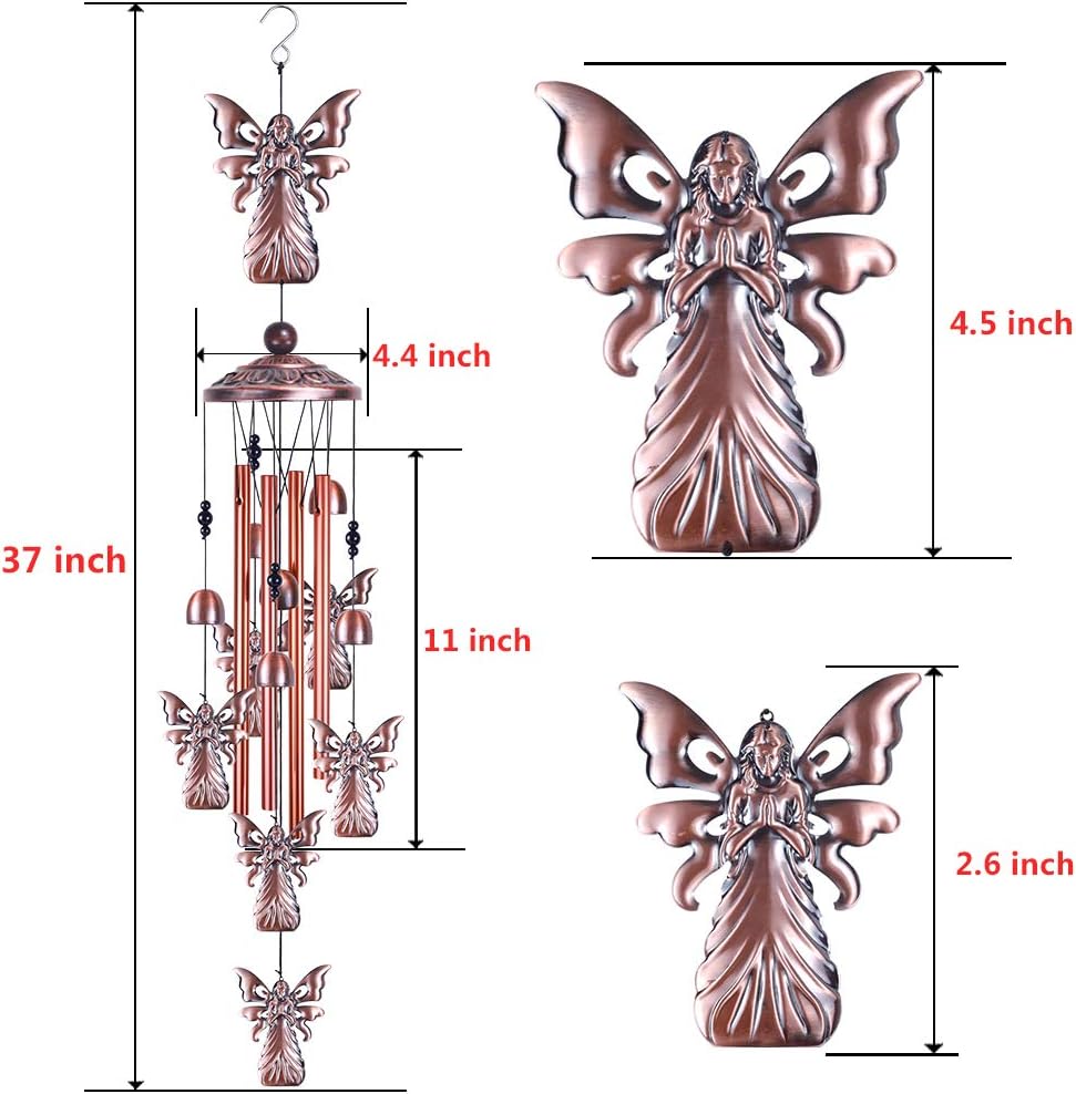 Campanillas de viento de ángel de jardín de 36 pulgadas para decoración interior y exterior, con 4 tubos de aluminio, 6 campanas, 7 ángeles,