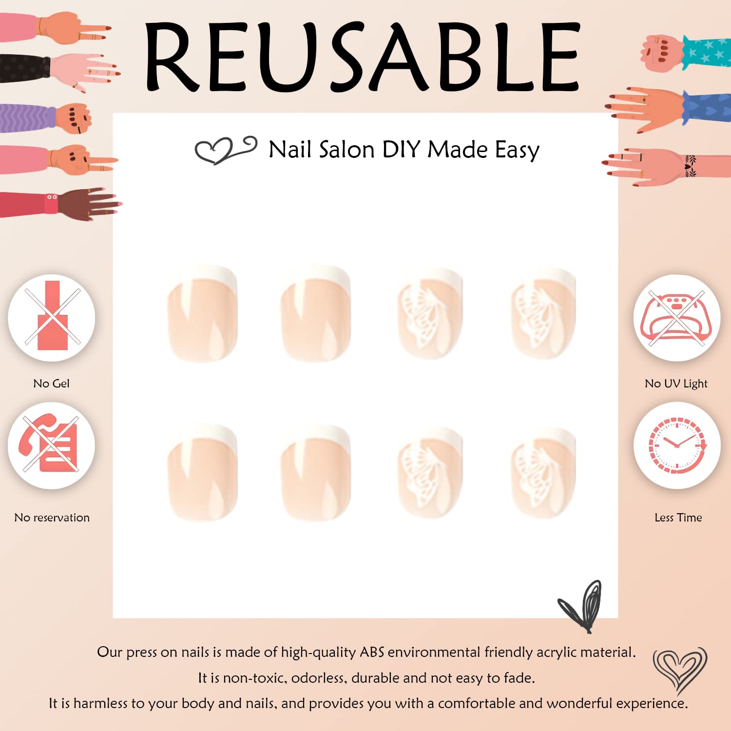 24 uñas postizas cortas de punta francesa, uñas postizas cortas, uñas adhesivas brillantes, uñas acrílicas de cobertura completa con diseño de