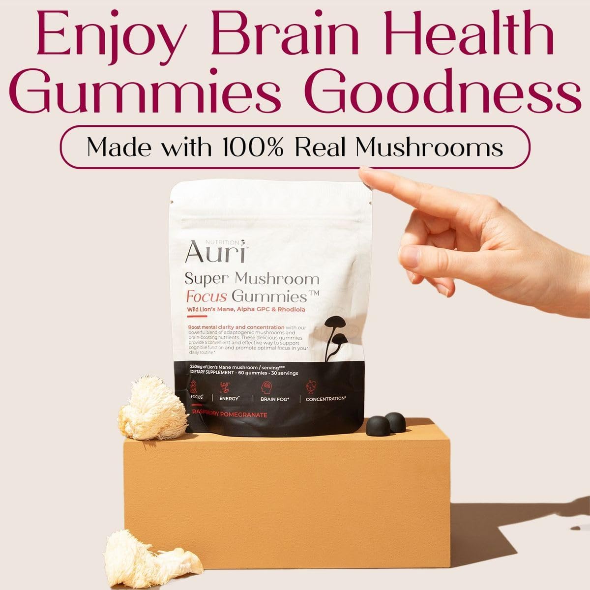 Auri Gomitas Super Mushroom Focus  melena de león, Alpha GPC y Rhodiola  Suplemento de hongos para apoyar la función cognitiva, claridad mental,