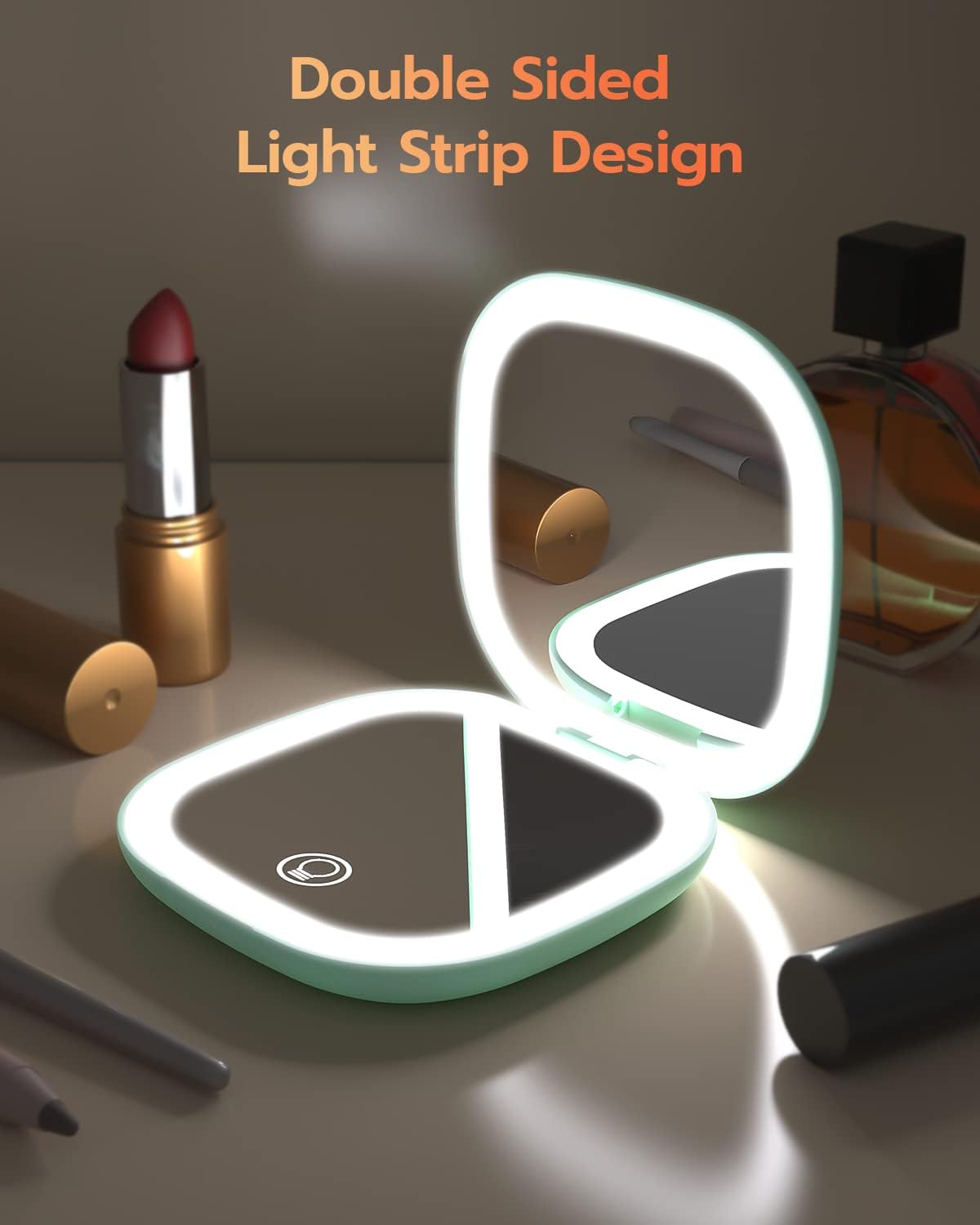 Benbilry Espejo de maquillaje compacto recargable con luces y aumento 1X10X, doble tira de luz, espejo de maquillaje de viaje regulable con 3