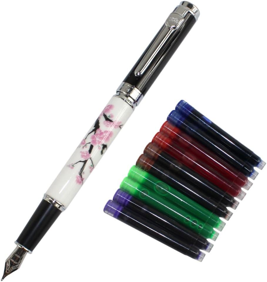 Gullor Elegante pluma estilográfica Jinhao 8802 Plum Flower con caja de regalo y cartuchos de tinta
