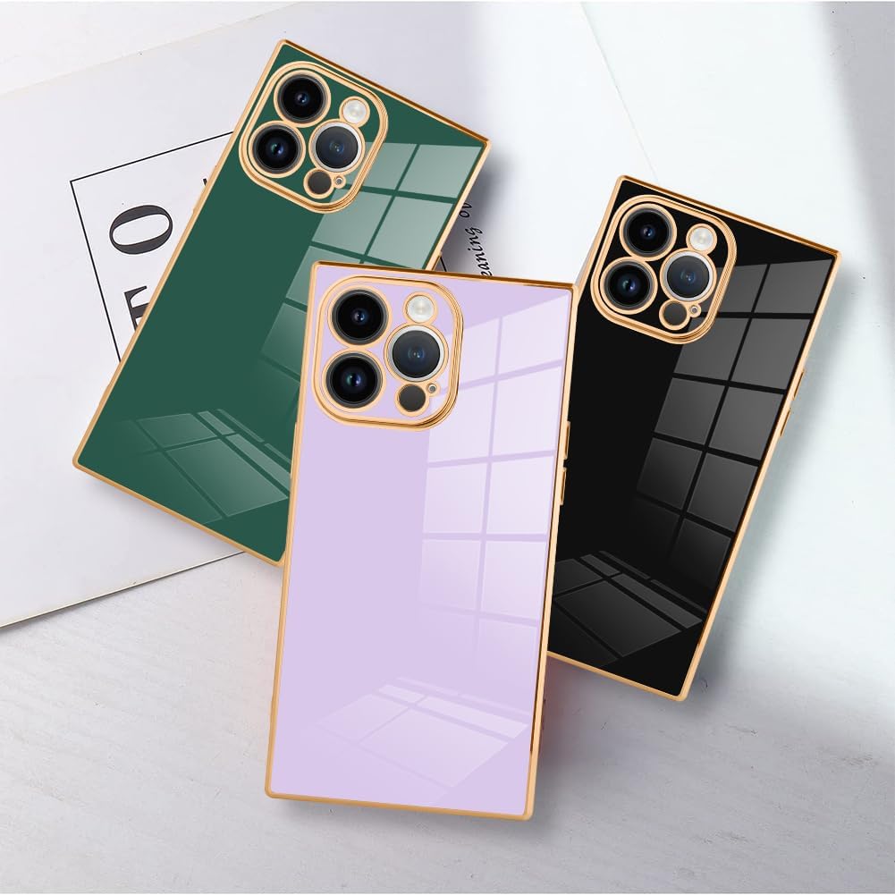 SAKUULO Funda de teléfono para iPhone 15 Pro Max, bonita funda cuadrada dorada chapada en oro para mujeres y niñas, TPU suave, a prueba de golpes,