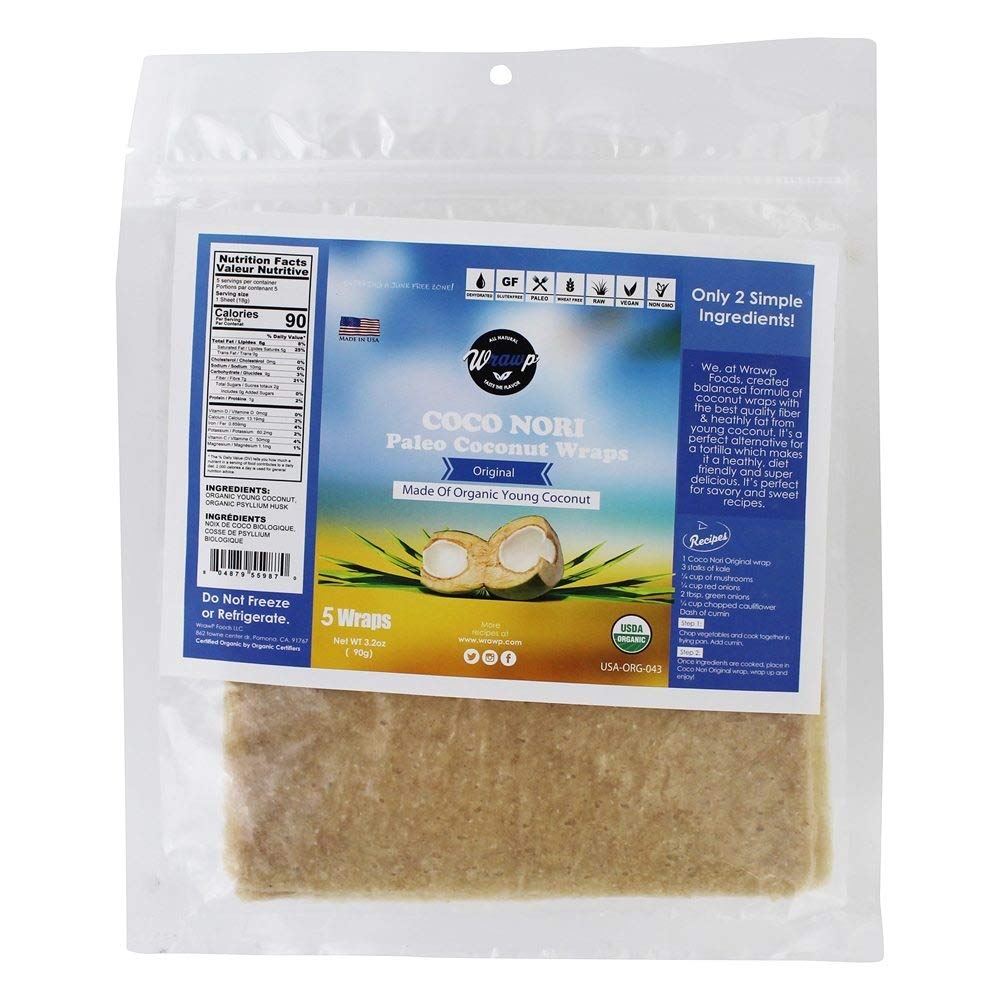 Envolturas de coco orgánico, 1 paquete original (5 hojas), keto, vegano crudo, paleo, sin gluten, hecho de cocos tailandeses jóvenes