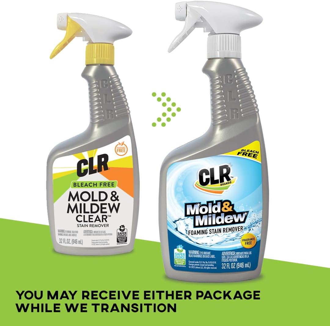 CLR Mold & Mildew Clear – Spray removedor de manchas sin blanqueador, funciona en azulejos de baño, vidrio, tela, hormigón y más, spray de 32 onzas