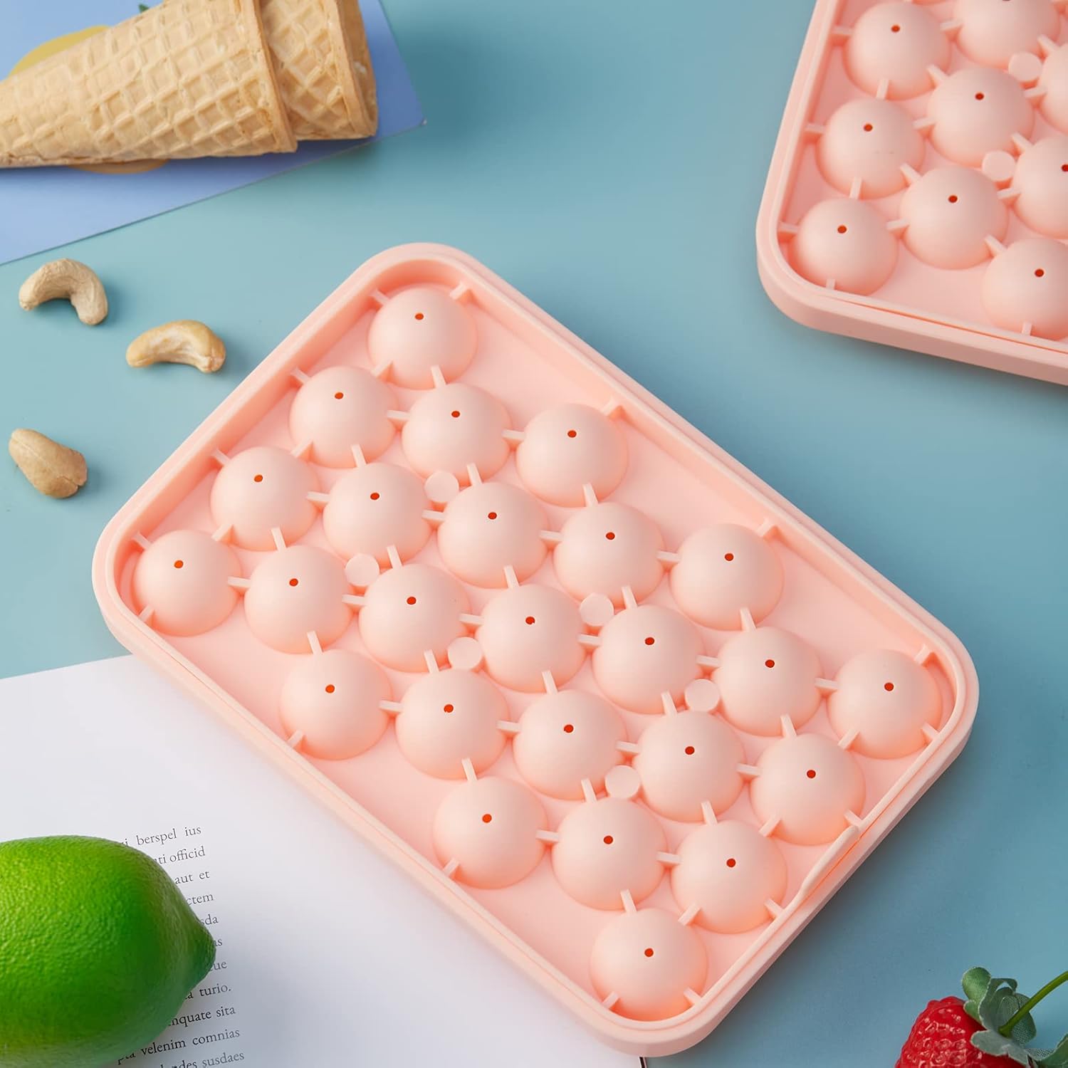 Bandeja redonda para cubitos de hielo, paquete de 2 unidades, silicona libre de BPA, flexible, de fácil liberación, 1.1 pulgadas x 50 moldes para