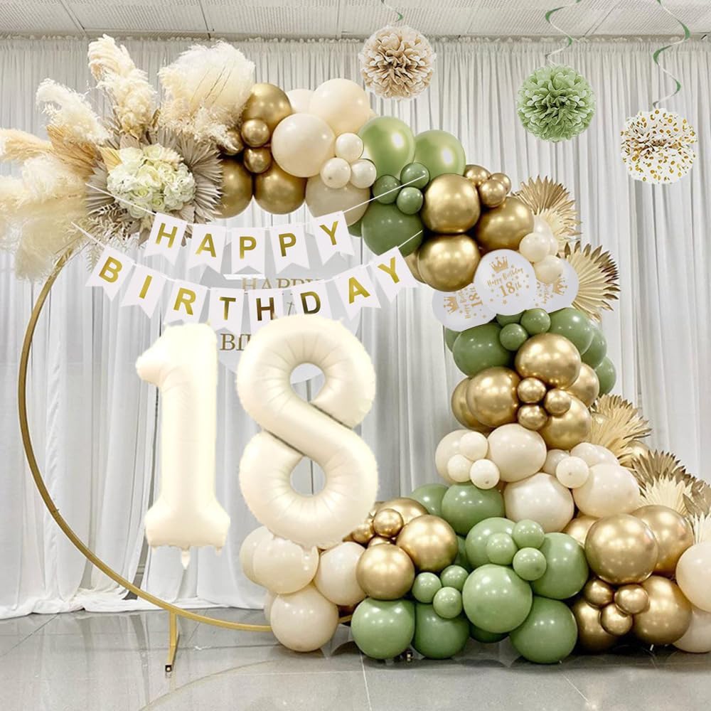 Decoraciones de cumpleaños 18 color verde salvia para niñas, juego de decoraciones de cumpleaños de 18 años verde oliva y dorado, pancarta de feliz