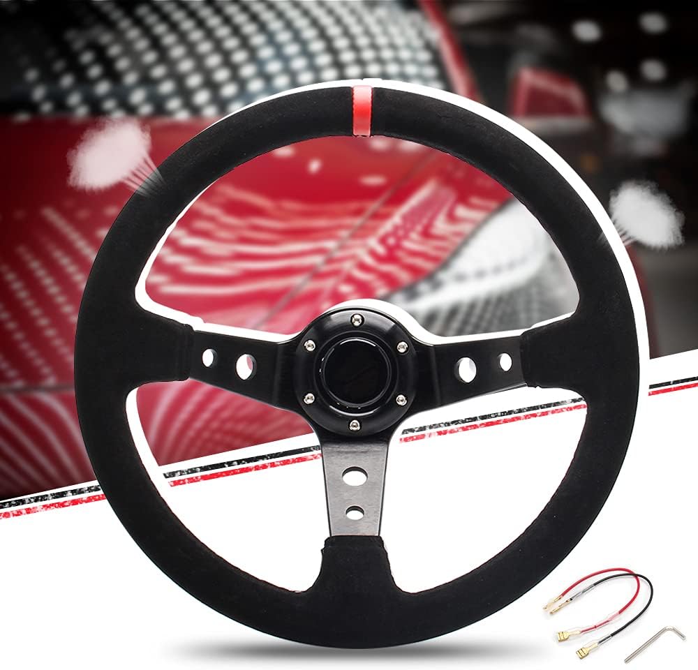 Volante de 14 pulgadas de profundidad de 13.780 in, plato de 6 pernos para volante de carreras deportivas, botón de cuerno de gamuza incluido EE.