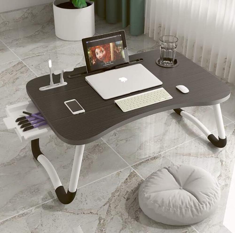 Eternal Wings Escritorio de cama para laptop, mesa plegable portátil con puerto de carga USB, soporte para tazas, cajón de almacenamiento, para