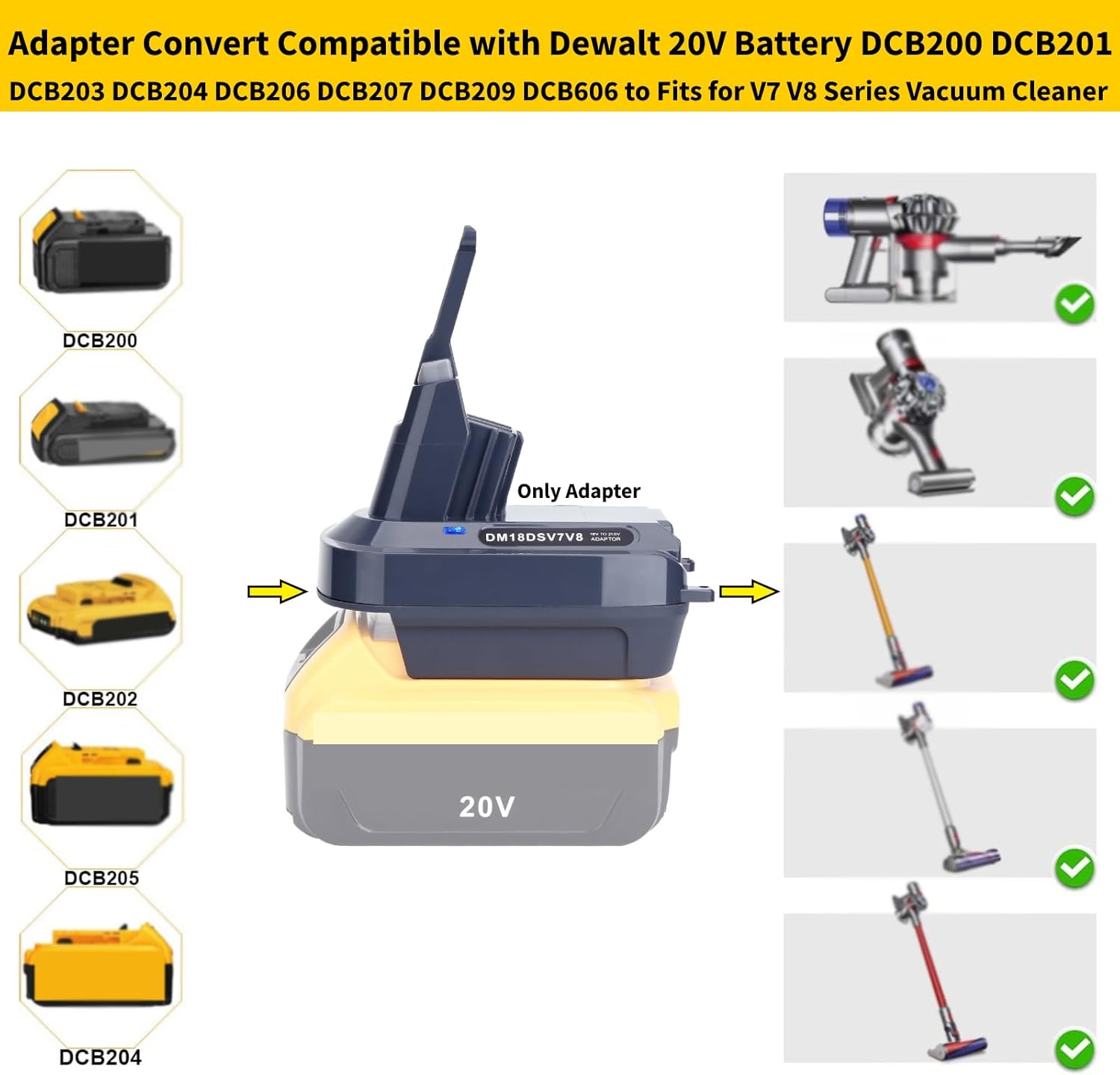 Epowon V7 V8 – Adaptador de batería compatible con batería Dewalt de 20 V a repuesto para batería V7, funciona con todos los convertidores de vacío