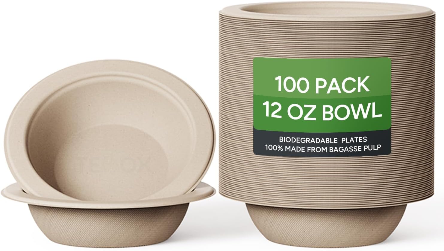 Teoox Cuencos 100% compostables, 12 oz 100 unidades cuencos desechables, cuencos de papel con certificación BPI desechables, cuencos de papel de