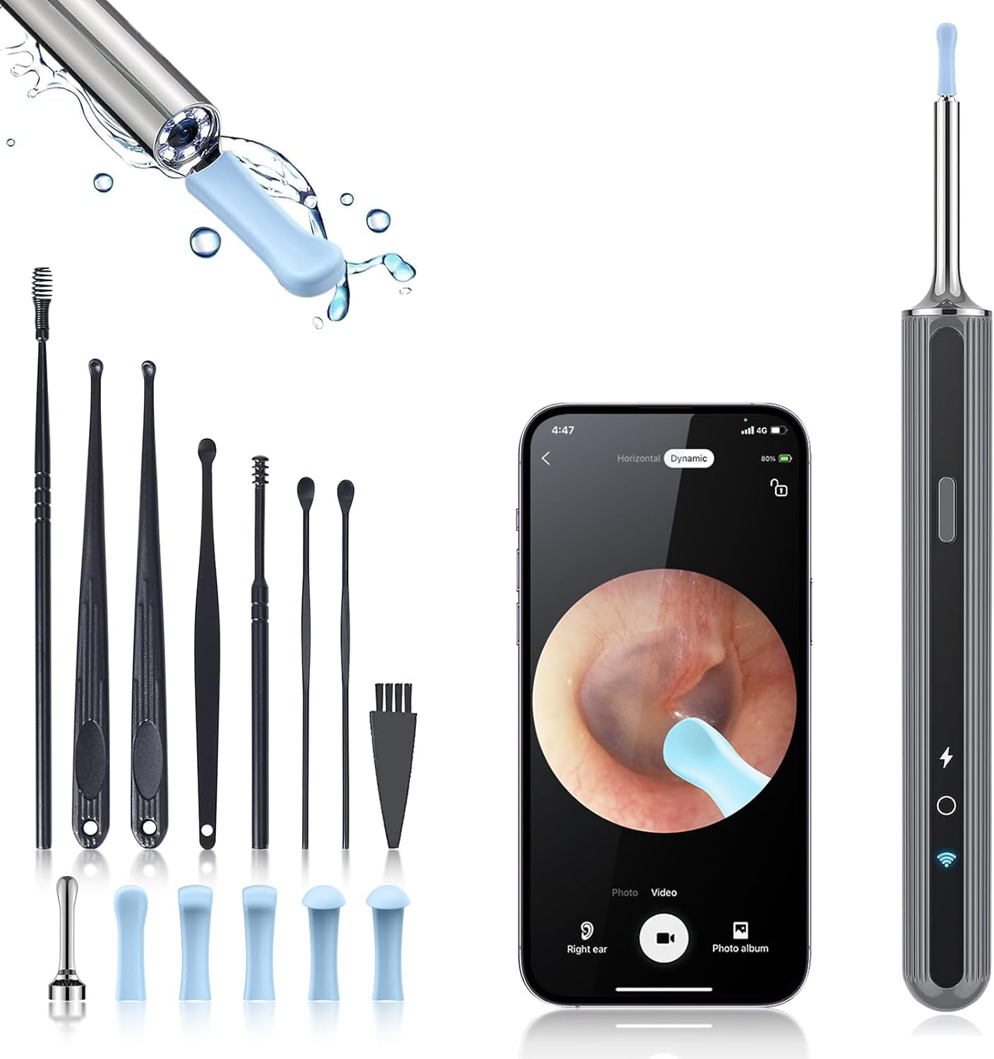 Cámara de otoscopio, otoscopio con luz, eliminación de cera de oídos con 7 púas de oído, otoscopio de oído con 1080P, otoscopio inalámbrico con 6