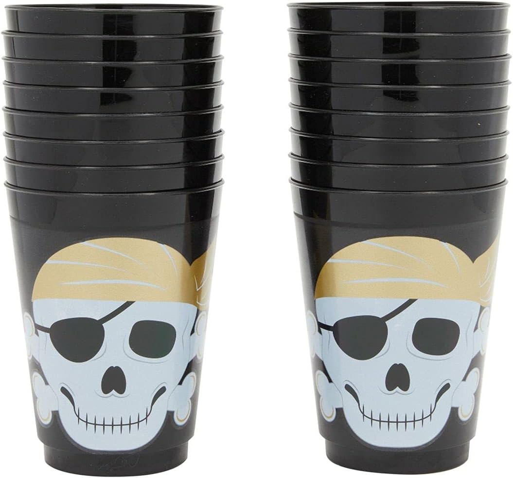 Sparkle and Bash Paquete de 16 vasos de plástico con temática de calavera para niños, suministros de fiesta de cumpleaños pirata (negro, 16 onzas)