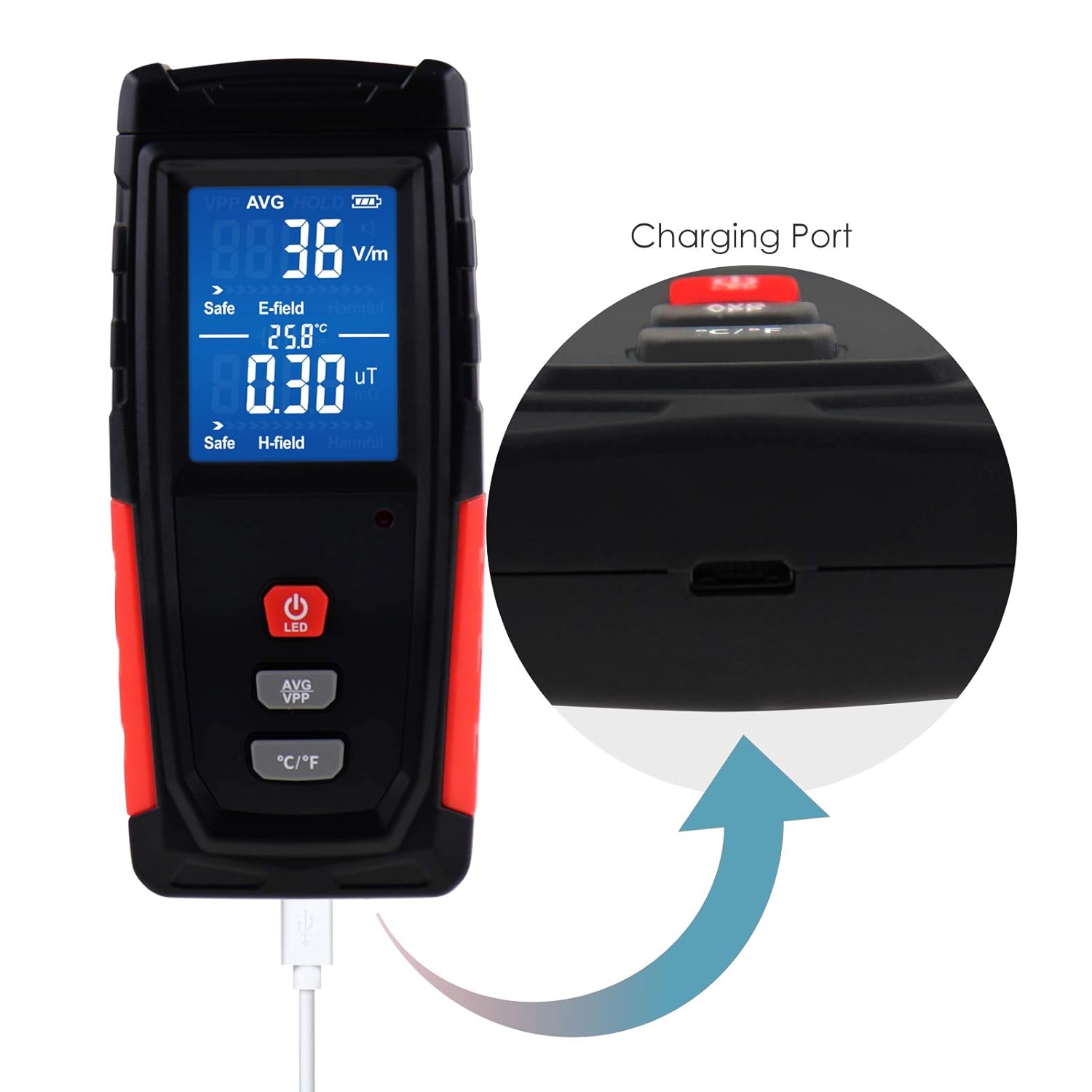 Probador digital EMF Detector de radiación de campo eléctrico y magnético Medición de temperatura con pantalla de color y batería recargable