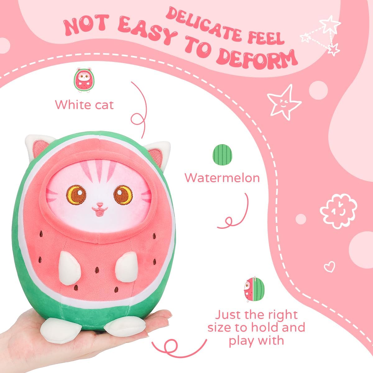 AIXINI Bonita almohada de peluche de gato sandía de 8 pulgadas, suave peluche Kawaii con traje de fruta, regalo para niños