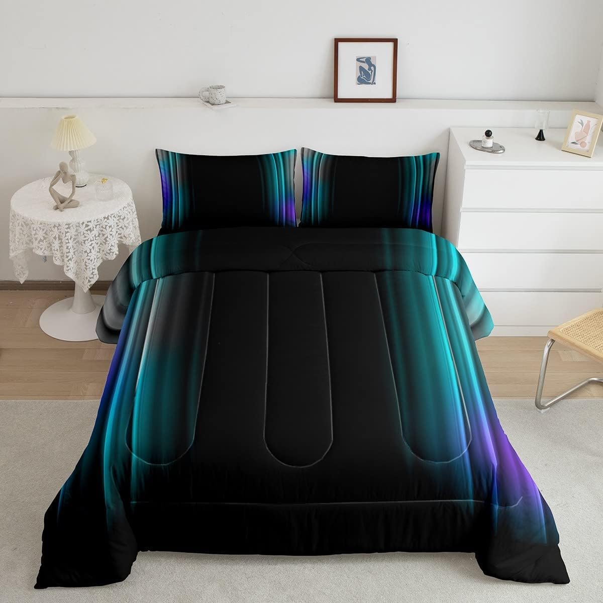 Feelyou Juego de ropa de cama geométrica degradada para hombres, adultos, adolescentes, verde azulado y azul, gris, negro, a rayas, juego de edredón