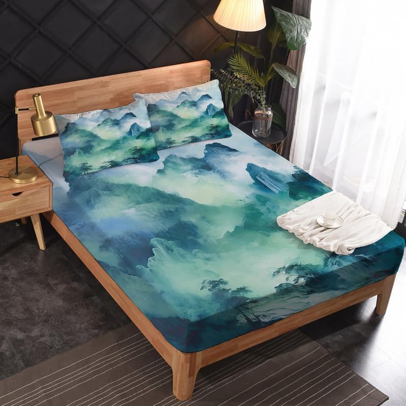 Juego de sábanas de tamaño King  Sábanas de cama de montaña brumosa, sábanas y fundas de almohada, microfibra suave, bolsillo profundo y sin