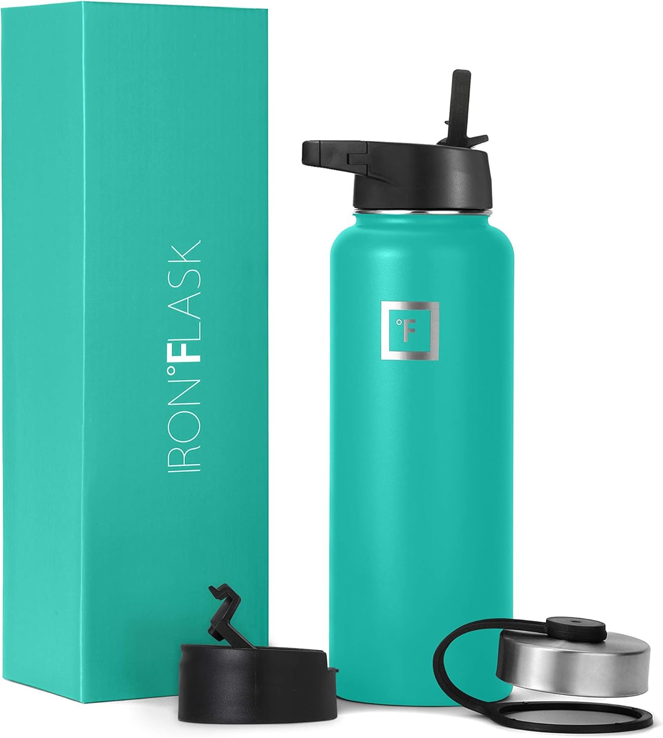 IRON FLASK Botella de agua deportiva  Boca ancha con 3 tapas de popote  Botellas de acero inoxidable para gimnasio y exteriores para hombres,