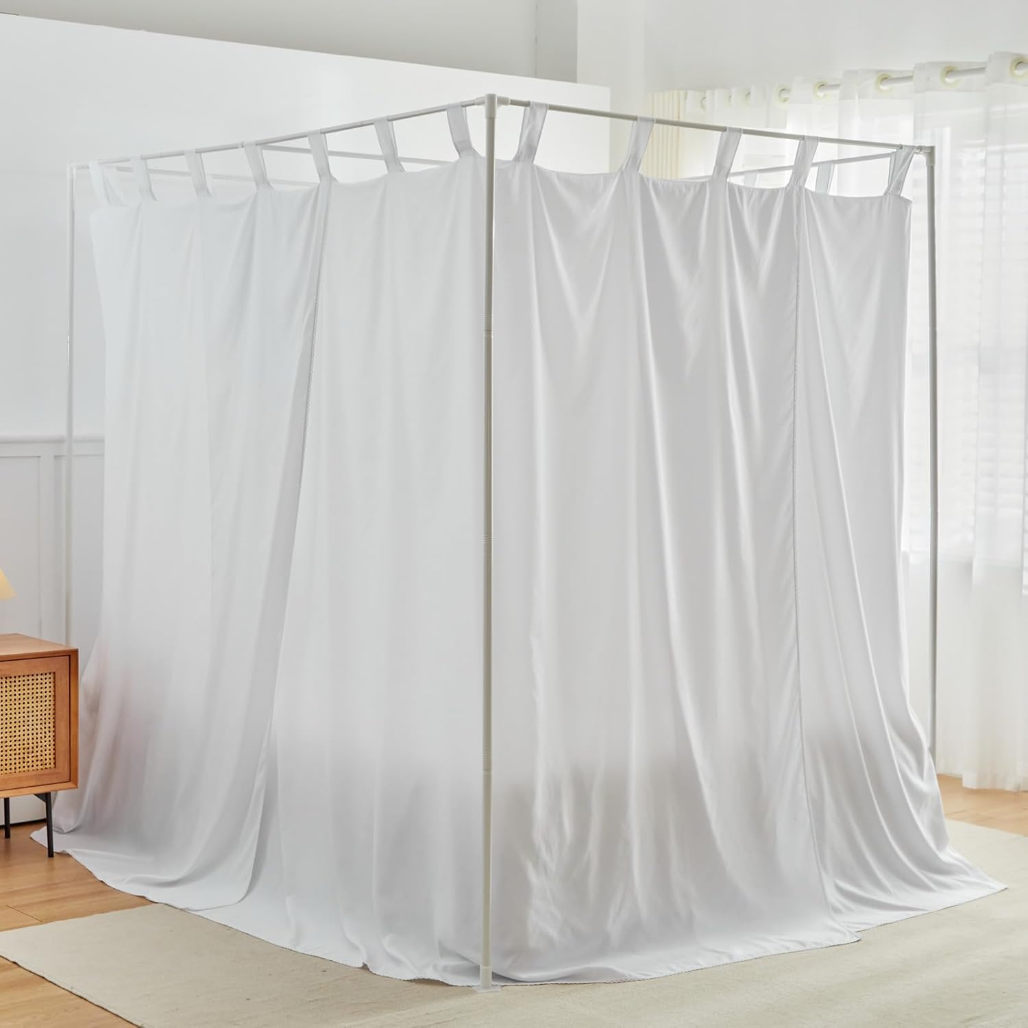 AIKASY Cortinas de cama blancas con lazos superiores y alzapaños para decoración de dormitorio, cortinas de cama de tamaño individual con