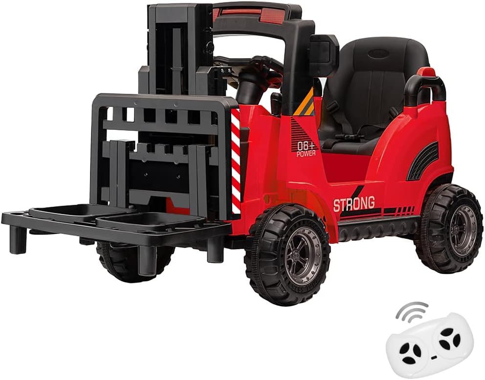 Carretilla elevadora de 12 V, coche eléctrico de construcción con control remoto, horquilla y palet elevable, 2 velocidades, música, USB, MP3 y