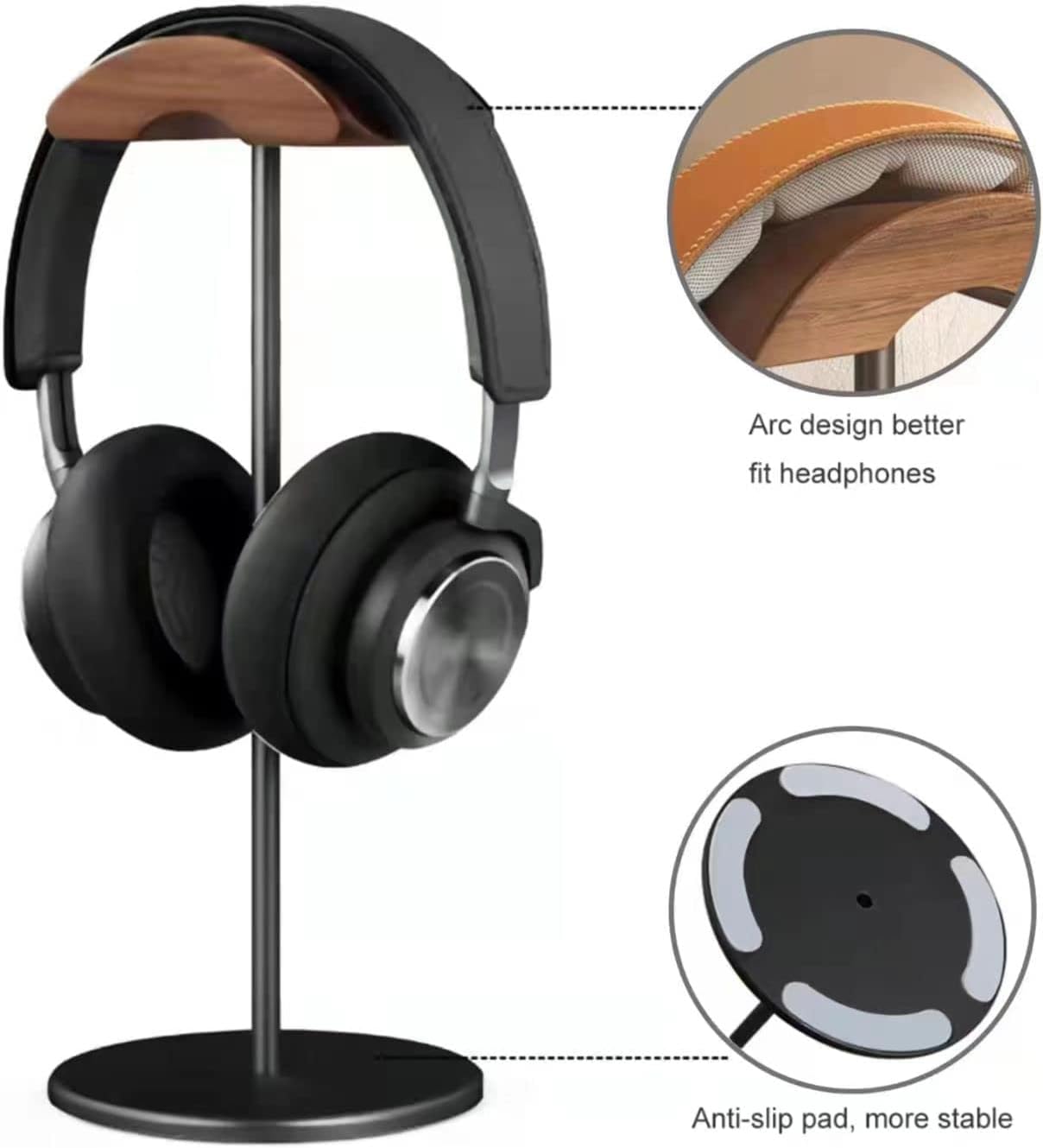 Soporte para auriculares con reposacabezas de madera de nogal premium, gancho para colgar auriculares para escritorio con base pesada sólida para