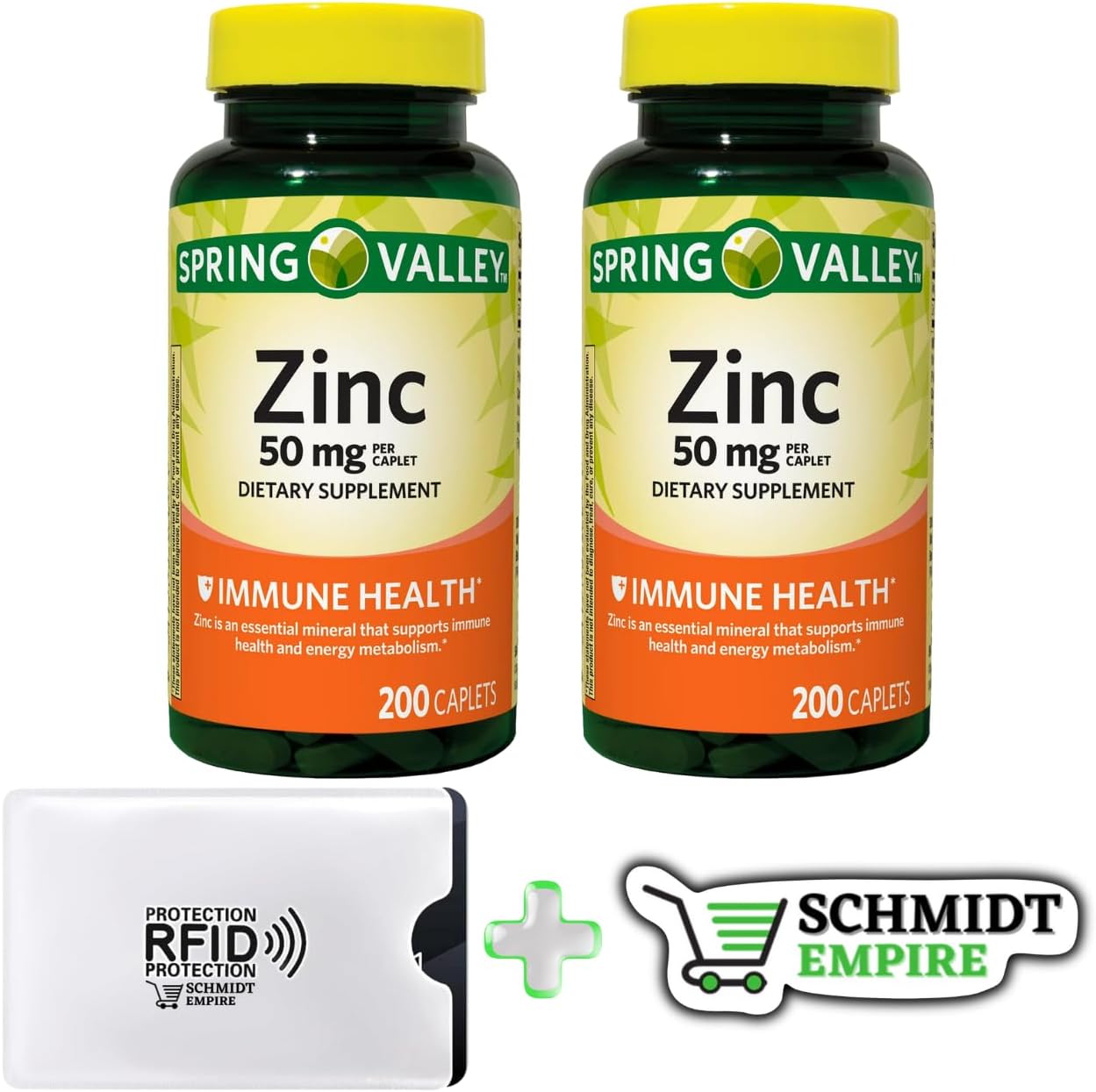 Spring Valley – Cápsulas de suplemento dietético de apoyo inmunológico de zinc, 50 mg, 200 unidades + adhesivo Schmidt Empire (2)
