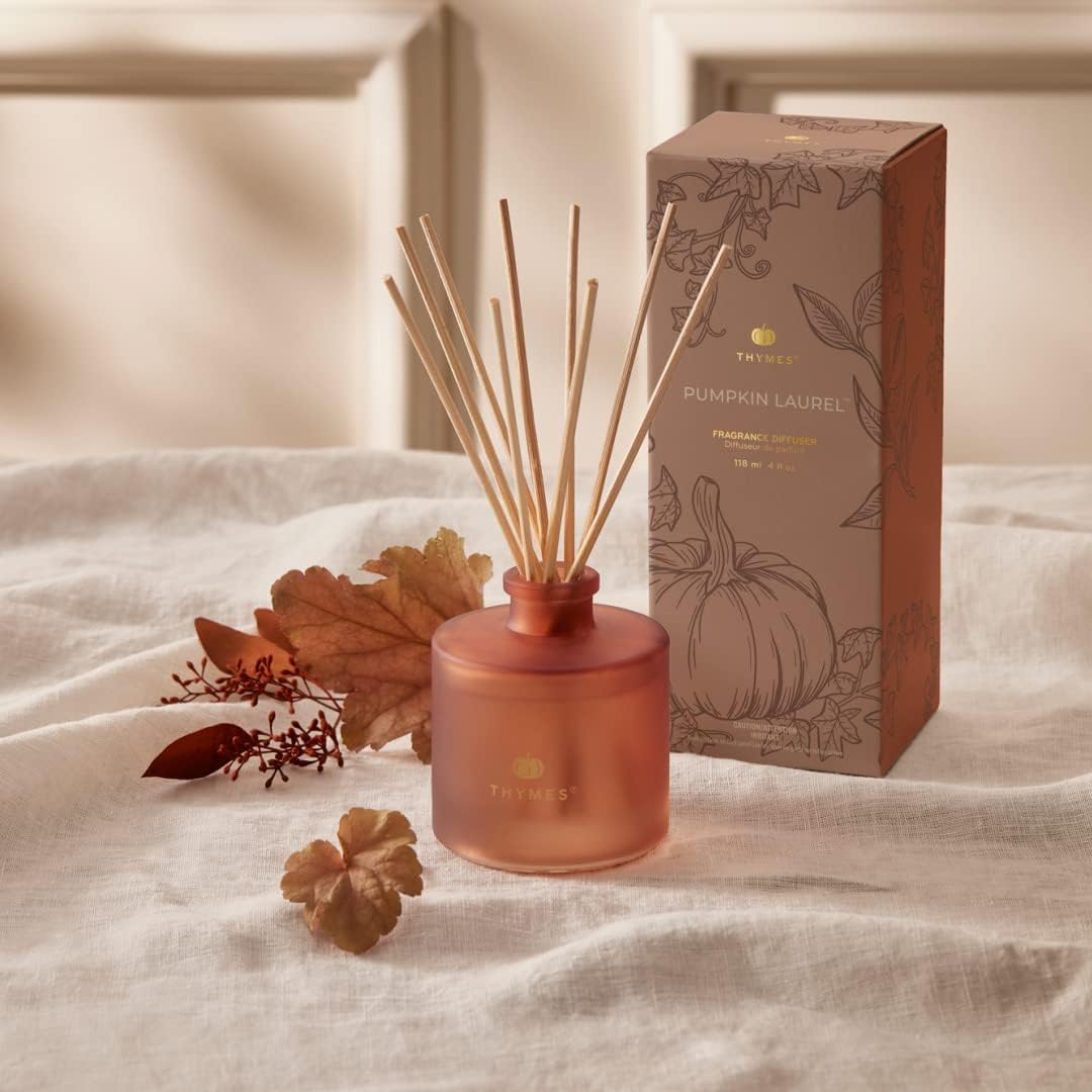 Thymes Difusor de varillas pequeñas de laurel de calabaza  Juego de difusor de fragancia para el hogar con varillas difusoras de junco, aceite de