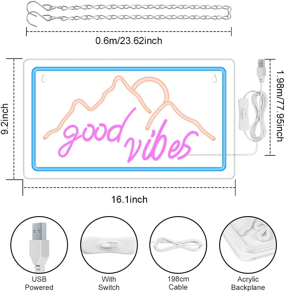 Good Vibes – Letrero de neón para decoración de pared, luz de neón con salida del sol y puesta de sol de montaña para decoración de pared, letrero