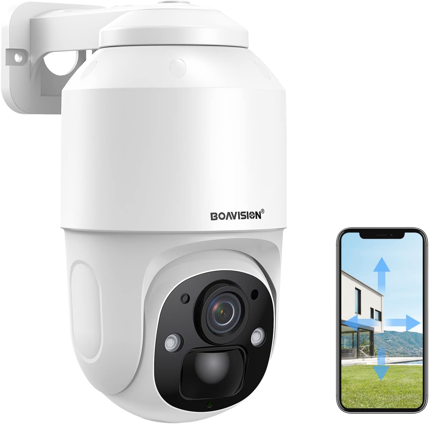 BOAVISION Cámara de seguridad alimentada por batería para exteriores, inclinación panorámica, visión de 355, IP66, impermeable, recargable,